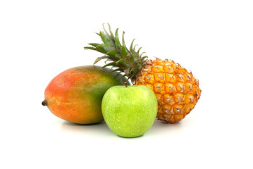 Mango, pineapple and apple isolated on a white