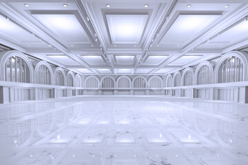 Empty convention hall center .The backdrop for exhibition stands,booth elements. Meeting room for the conference.Big Arena for entertainment,concert,event. ballroom.3d render.