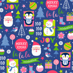Cute cartoon character and decorative elements for christmas and new year celebration background.