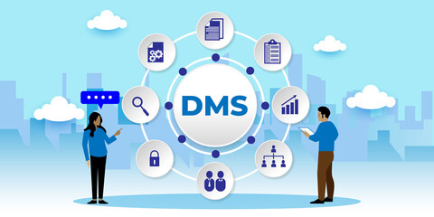 DMS. Document Management Data System. Business Internet Technology Concept With icons. Cartoon Vector People Illustration