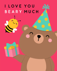 Cute teddy bear with little bumblebee cartoon with text “I LOVE YOU BEARY MUCH” for valentine's card design.