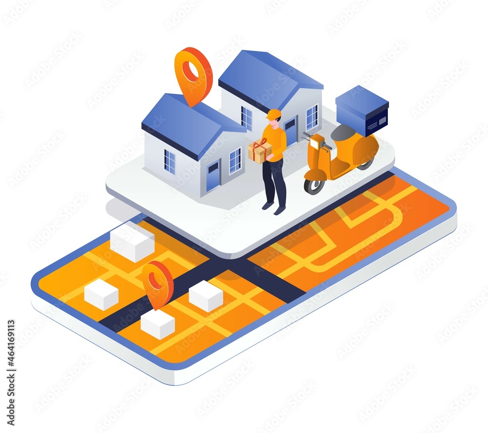Poster Man finding order delivery location via smartphone gps app