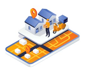 Man finding order delivery location via smartphone gps app