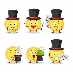 A cheese tart Magician cartoon character perform on a stage