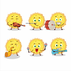 Cartoon character of cheese tart playing some musical instruments