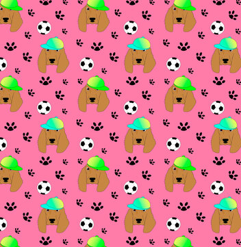 seamless pattern with spaniel dogs and soccer balls 