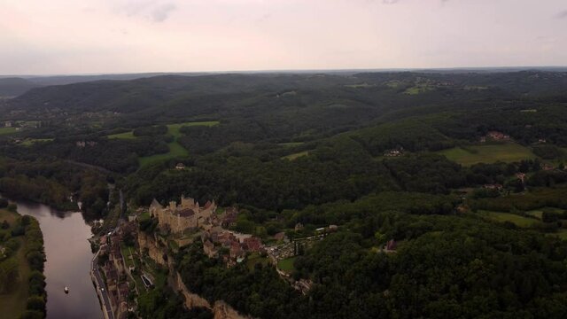 Aerial view of medieval stone castle of beynac et-cazenac, village located in the Dordogne department in southwestern France