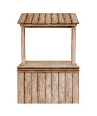 Wooden market stall watercolor illustration. Farm market rustic counter clipart.  Isolated clipart element on white background.