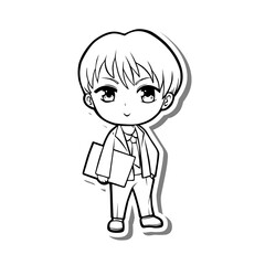 Black line cute cartoon Office Man. Male employee in a suit holding documents. Doodle on white silhouette and gray shadow. Vector illustration about working person, coloring and any design.