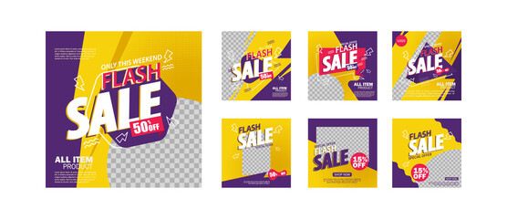 Social media post feed flash sale. Set of Editable square banner template design for offer sale promotion post on social media. poster minimalist theme background vector.