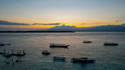 Aerial view of Gili Trawangan Island, Indonesia with morning sunrise sunlight. Lombok, Indonesia