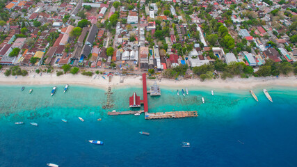 Aerial top down view of Gili Trawangan Island, Indonesia. Lombok, Indonesia