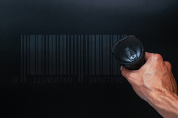 Barcode concept. Retail label barcode scan. Reader laser scanner for warehouse on black background. Warehouse inventory management. - obrazy, fototapety, plakaty