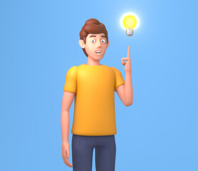 3d render of a young man pointing up to idea light bulb. Find solution, solve problem, idea