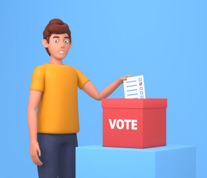 3d render of a young man putting ballot paper into vote box. Election campaign, vote concept