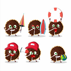 Happy Face chocolate tart cartoon character playing on a beach