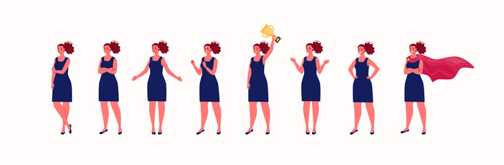 Collection of gestures and emotions of woman taking part in business activity. Vector flat cartoon illustration with people character.