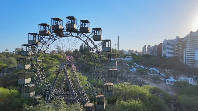 Drone orbit showing the vintage wrought iron Eiffel Wheel, Cordoba, Argentina