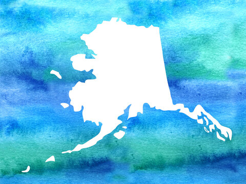 Blue Watercolor Alaska State Map Isolated On White. Alaska Watercolor US State Map. Handpainted Watercolor Alaska Blue Map.