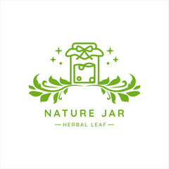 jar and leaf logo line art vector illustration template icon design. herbal potion with natural concept for company