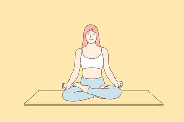 Young woman doing yoga exercise at home, relaxation concept, exercising fitness. Hand drawn style vector design illustrations.