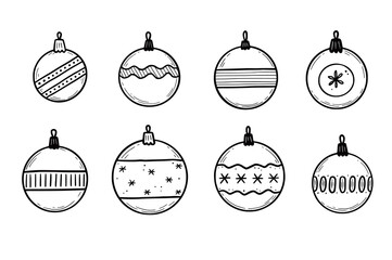 Doodle christmas ball set. Hand drawn sketch style. Christmas bauble with black line. Isolated vector illustration.