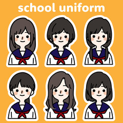 人物イラストセット_女子高生_白フチ