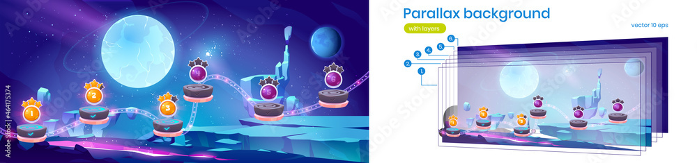Poster space game level map with complete stages with gold stars and alien planet landscape. vector paralla