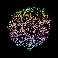 Doodle halloween circle illustration. Vector rainbow lineart.