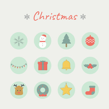 icon Set of Vector Christmas . reindeer,Gift, Pine, Ball,  Gingerbread Man, Bell, Mistletoe Wreath and snowman. 