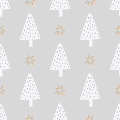 Christmas and New Year symbols tree seamless pattern. Vector cute print. Digital paper. Design element.