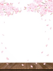 美しく華やかな満開の桜の花と花びら舞い散る春の白バック縦フレームベクター素材イラスト