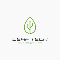 Fototapeta premium Modern and Minimalist Leaf Tech logo design, Combination of Leaves with Technology symbol logo design 