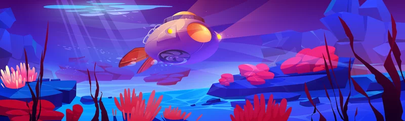Fotobehang Onderwater zeelandschap met onderzeeër, waterplanten en dieren. Vectorbeeldverhaalillustratie van oceaanbodem met bathyscaaf met propeller en licht, zeewier en actinias © klyaksun
