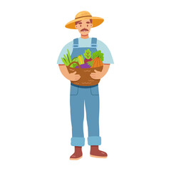 Male farmer in hat holding basket with vegetables. Vector illustration in flat style isolated on white