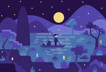 Fisherman in a boat with two cormorants, chinese fishing. Vector cartoon illustration in flat stile