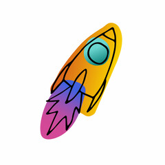 Bright space doodle sticker. Rocket isolated on white background. Gradient pink, orange, blue neon color astronomical object. Spaceship symbol of travel, education. Vector science cute illustration
