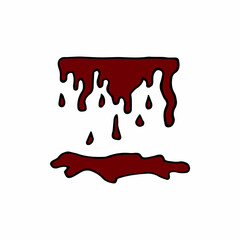 Doodle dripping liquid. Hand-drawn red drops of Paint isolated on white background. Flowing down blobs. Ink drips with a puddle underneath. Halloween scary blood stains. Vector smudges illustration