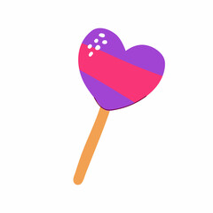 Cartoon candy in the shape of a heart. Lollipop isolated on white background. Hand-drawn pink sweet dessert with a strip for kids party, Easter, birthday, Valentines Day. Vector ice cream illustration