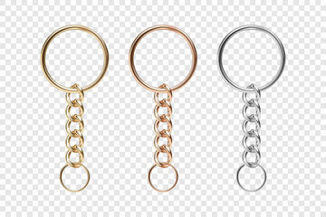 Vector 3d Realistic Metal Golden, Silver Chain Keychain, Ring Icon Set Closeup Isolated. Stainless Steel Chains, Chains Key Holder Design Template. Key Rings - obrazy, fototapety, plakaty