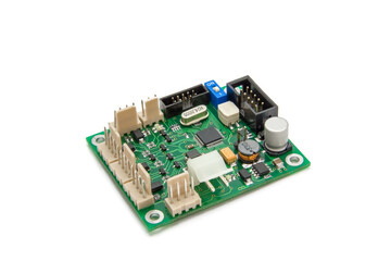 Isolated image of a green printed circuit board assembly. PCB production industry for...
