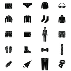 Black and white Mens accessories flat vector icon collection set