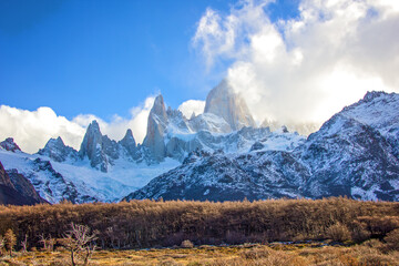 Landscape of Fitz Roy  in the mountains of Argentina in winter season; El Chalten; Patagonia. Snow-capped mountain peaks in South America.