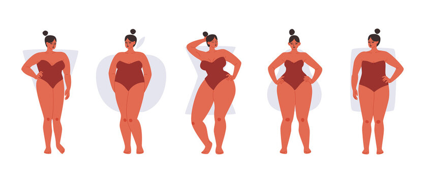 Set of full female body types isolated. Curvy women in red swimwear show off different body shapes. Vector illustration of chubby girls on a white background.