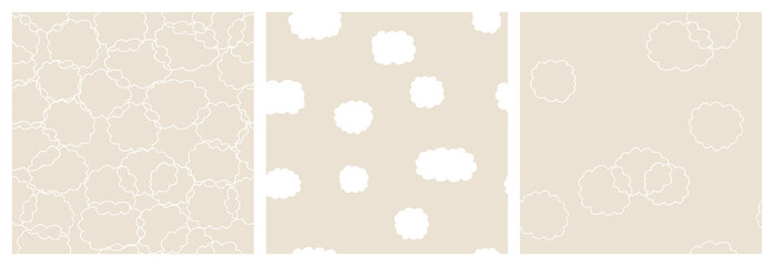 Abstract clouds seamless pattern set. Gender neutral beige baby clothing vector print design.