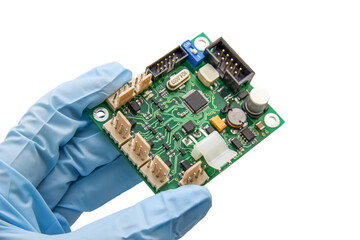 Isolated image of a hand in a blue glove holds pcb chip assembly on pcb backround on the production...