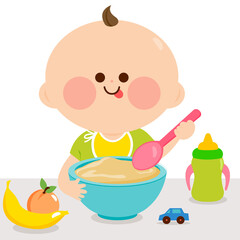 Baby having breakfast, eating cereal and fruit. Vector illustration