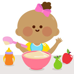 A baby girl is eating her breakfast of cereal and fruits. Vector illustration