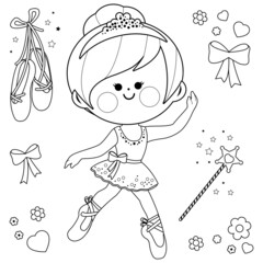 Beautiful ballerina girl dancing. Vector black and white coloring page.