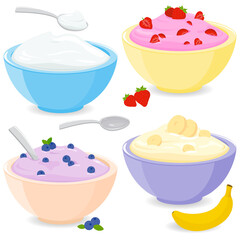 Bowls with fruit yogurt or cream. Vector illustration